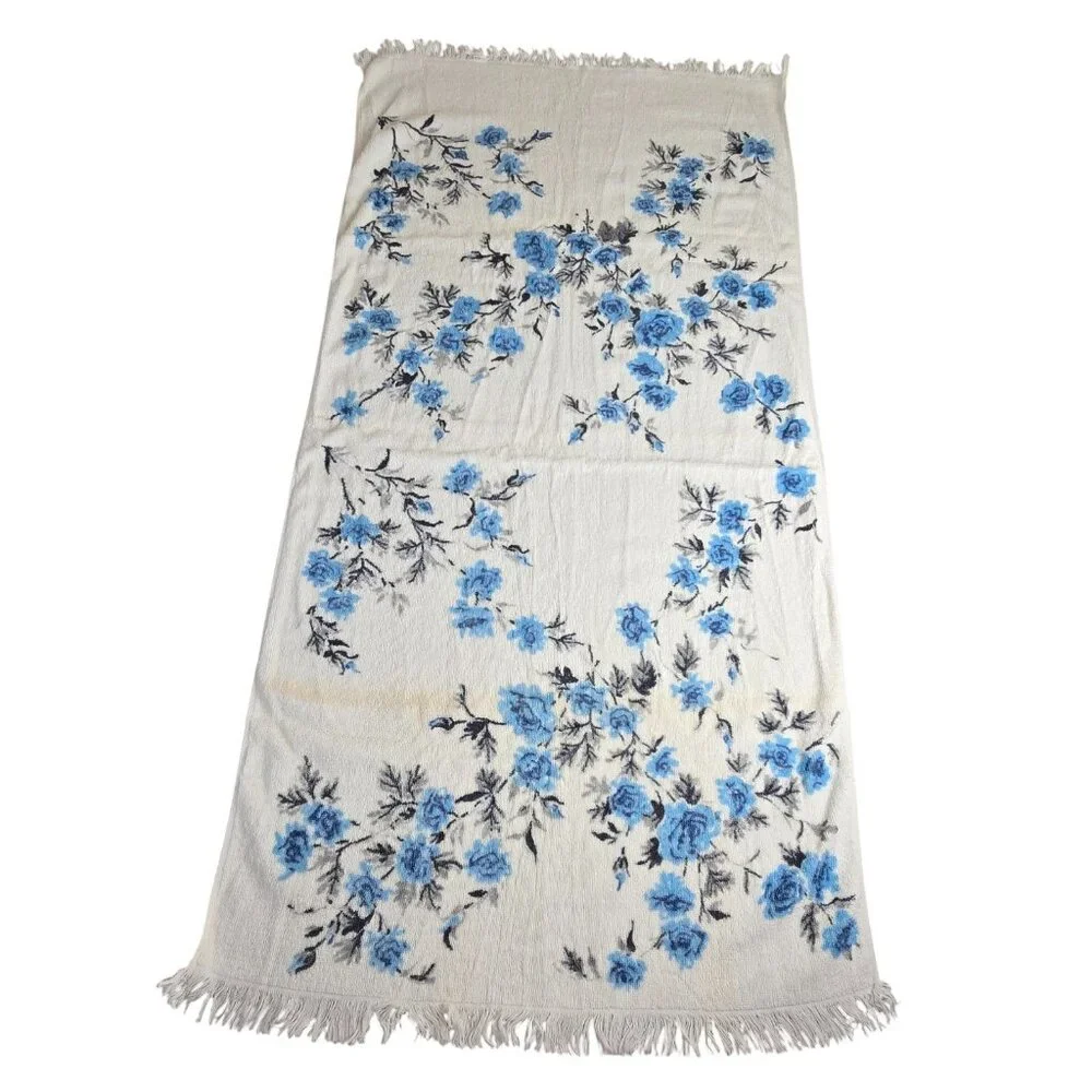 Vintage Bath Towel Blue Rose Floral Fringe Martex USA 23x47 70s Cottagecore Boho